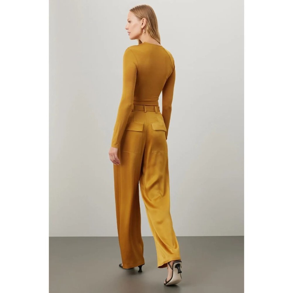 LAPOINTE Satin Pleated Pants in Yellow 2 Womens Wide Leg Trousers - Picture 2 of 15